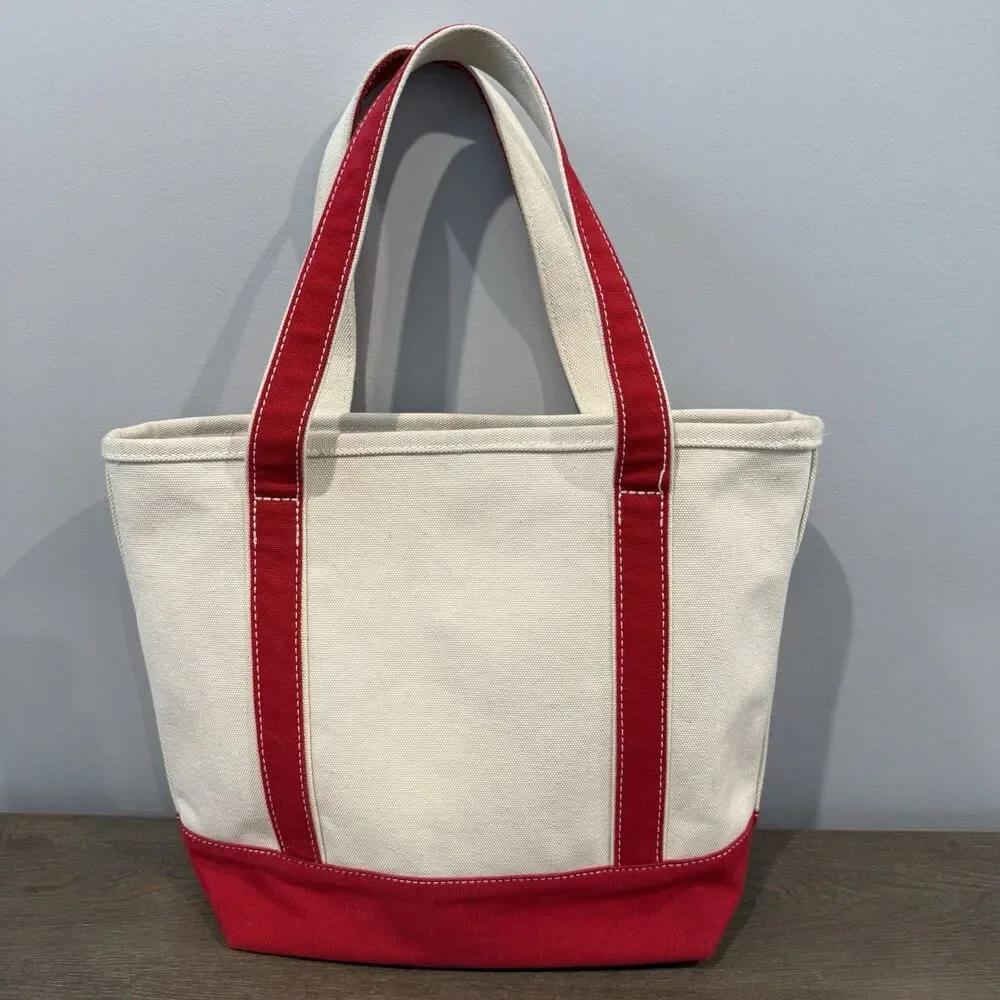 Lands End Open Top Canvas Tote Bag M Shoulder Red Natural Cotton Preppy Sturdy - Picture 8 of 16